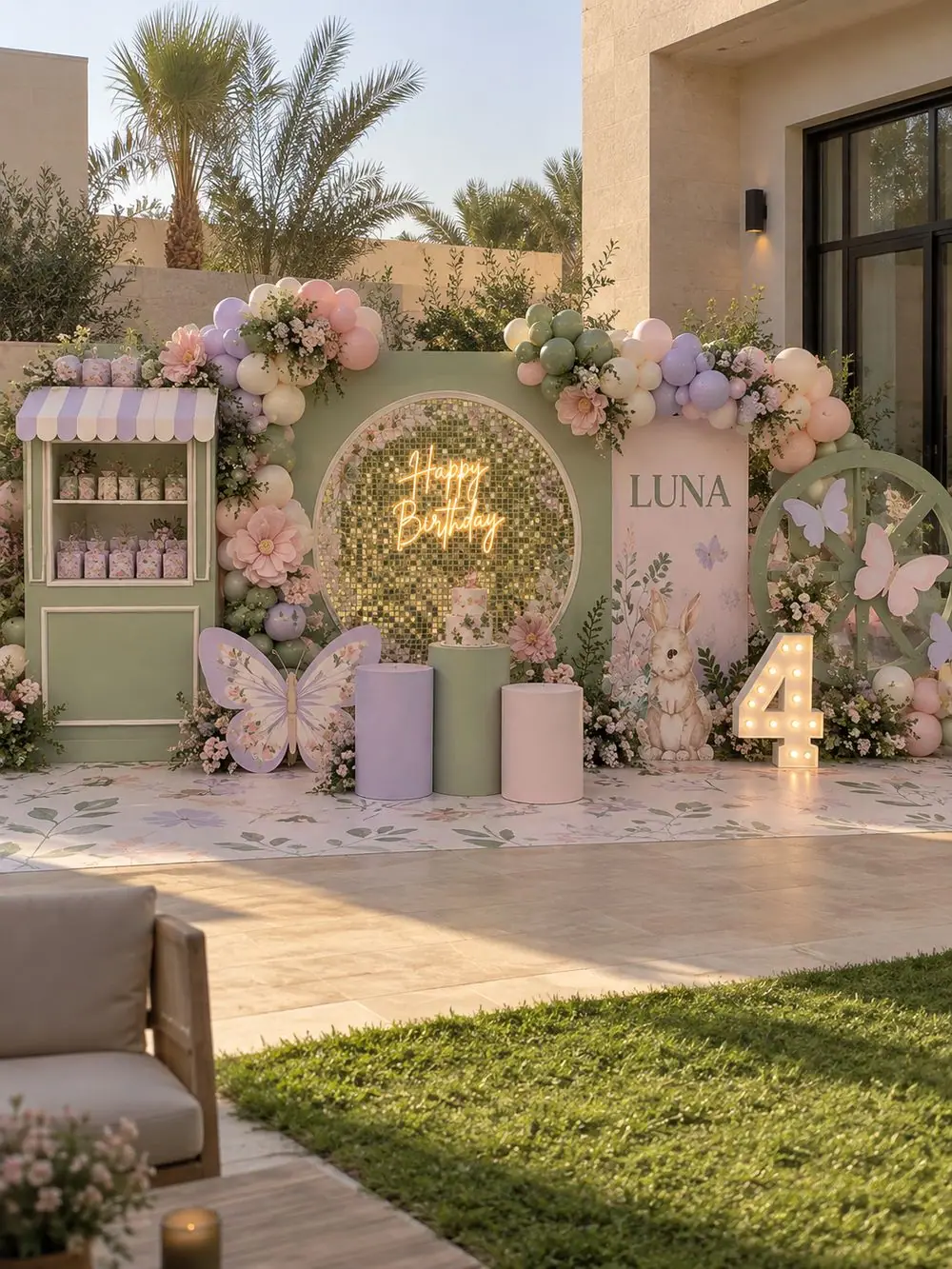 Butterfly Garden birthday decoration, Package 4 (8 m wide) setup, view 2