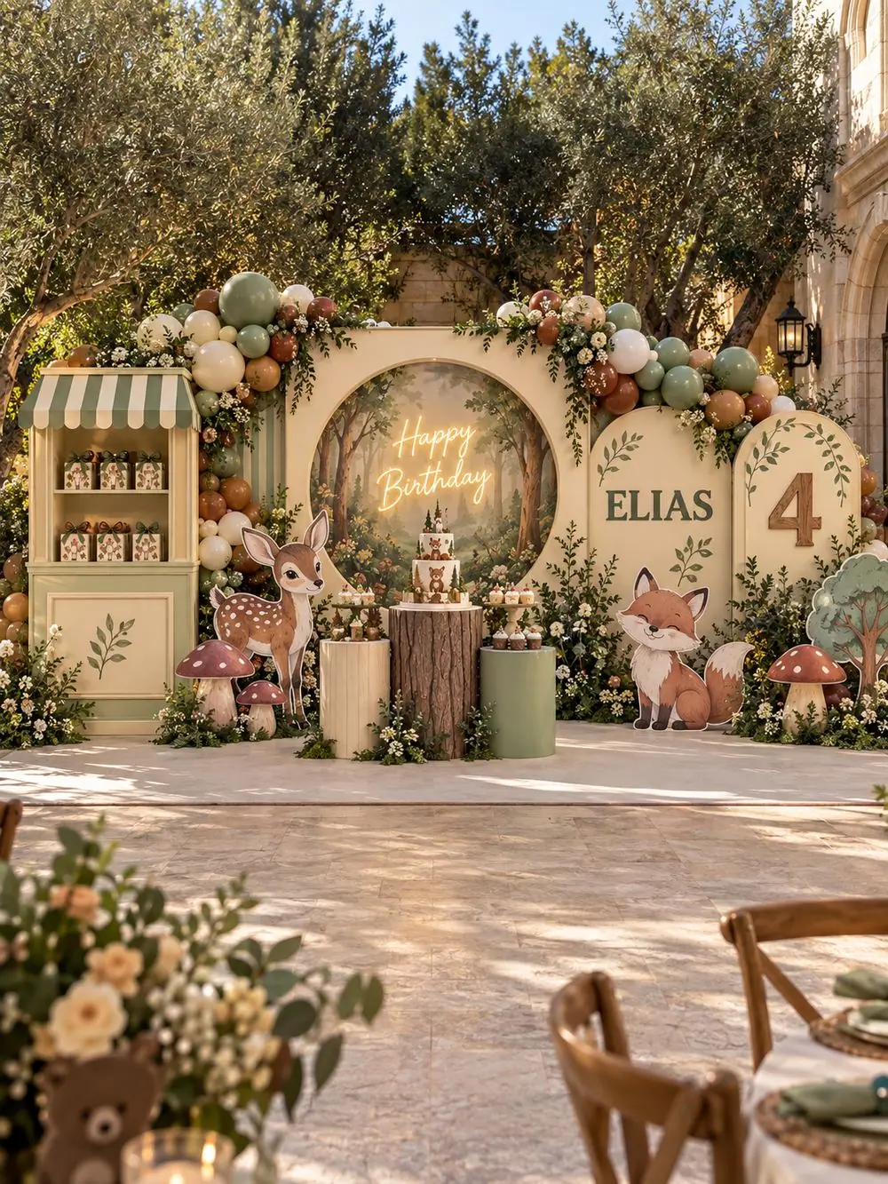 Enchanted Woodland birthday decoration, Package 4 (8 m wide) setup