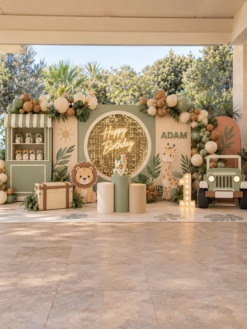 Safari Wild One birthday decoration, Package 4 (8 m wide) setup, view 2