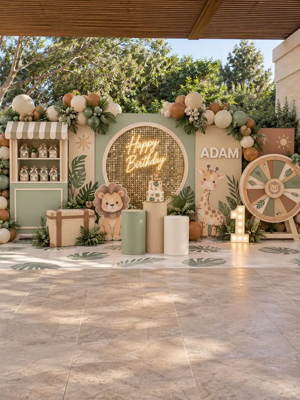 Safari Wild One birthday decoration, Package 4 (8 m wide) setup