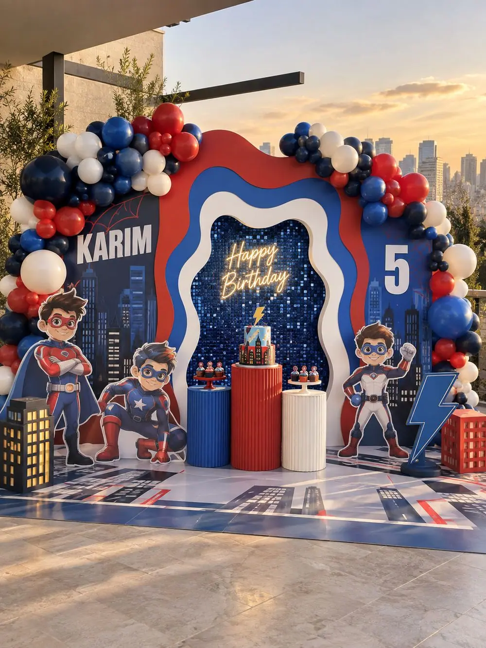 Superheroes birthday decoration, Package 3 (6 m wide) setup